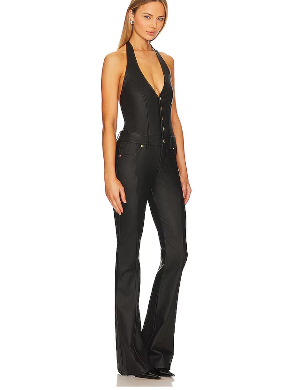 Retrofete Black Halter Jumpsuit with Button Front - Picture 2 of 5